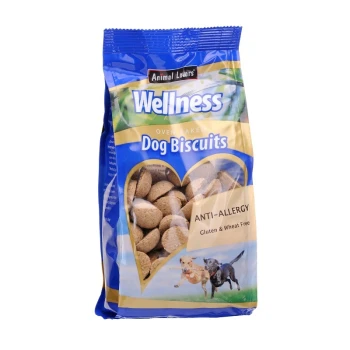 Im Ofen gebackene Hundekekse in einer blauen Tüte mit der Aufschrift 'Wellness' und den Ansprüchen 'ANTI-ALLERGIE' und 'Gluten- und Weizenfrei.'