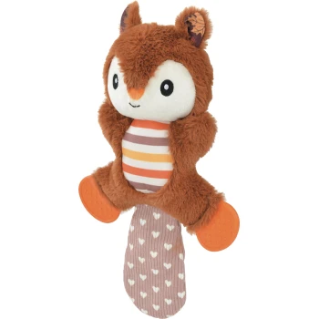 Brown plush squirrel dog toy with cream face, striped belly, heart-pattern tail and orange rubber chew pads