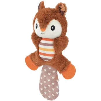 Brown plush squirrel dog toy with cream face, striped belly, heart-pattern tail and orange rubber chew pads