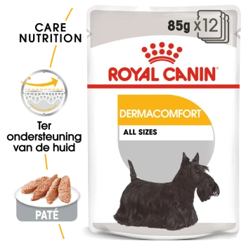 Royal Canin Dermacomfort hondenvoer verpakking met een zwarte Schotse Terrier, gelabeld 'Care Nutrition' en 'All Sizes', met een paté-illustratie.