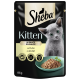 Pochette de nourriture pour chatons Sheba avec un chaton gris aux yeux verts, étiquetée "In Sauce mit Huhn" sur une assiette verte, 85g.