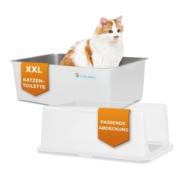 Weiß-orange Katze in einer weißen XXL-Katzentoilette mit passender Abdeckung; Beschriftungen: 'XXL KATZEN-TOILETTE' und 'PASSENDE ABDECKUNG'.