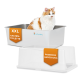 Weiß-orange Katze in einer weißen XXL-Katzentoilette mit passender Abdeckung; Beschriftungen: 'XXL KATZEN-TOILETTE' und 'PASSENDE ABDECKUNG'.