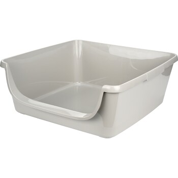 Eine hellgraue, rechteckige Katzentoilette mit einem niedrigen Einstieg und glatten Kanten, entworfen für einfachen Zugang.