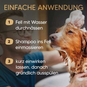 Bild, das einen Anwendungshinweis für ein Haustierpflegeprodukt zeigt, mit in Deutsch umreißenen Schritten. Der Text enthält "EINFACHE ANWENDUNG" und Anweisungen für Schritt 3.