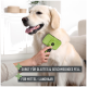 Eine Person bürstet einen Golden Retriever mit einem grünen Werkzeug und hebt sein glänzendes Fell hervor. Text: "Sorgt für glattes & geschmeidiges Fell."