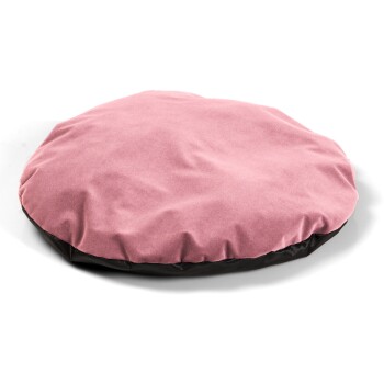Runder Haustierbett mit einer weichen rosa Oberseite und einem schwarzen Boden, entworfen für Komfort und Entspannung.