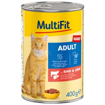 A can of MultiFit cat food with a yellow label, featuring an orange cat and stating "ADULT," "SAUCE," and "no added sugars." A bowl is in front.