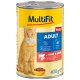 Een blik MultiFit kattenvoer met een geel label, met een oranje kat en de tekst "ADULT," "SAUCE," en "geen toegevoegde suikers." Een kom staat ervoor.