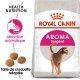 Sac de nourriture pour chats Royal Canin Aroma Exigent présentant une silhouette de chat, avec un texte mettant en avant "Nutrition santé" et "Attraction aromatique."