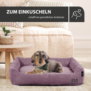 Ein gemütliches lila Hundebett mit einem Dackel, der darauf ruht, mit dem Text "ZUM EINKUSCHELN" und "schafft ein gemütliches Ambiente."