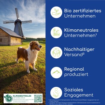 Ein verspielter Hund und eine Katze in einem üppigen Wald mit Text: "Bio-zertifiziert," "Klimaneutral," "100% Natürlich," "Regional," "wolfsbacher natur."