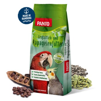 Tüte Panto Vogelfutter für große Papageien mit Bildern eines roten Aras und eines Nymphensittichs, Samen und „Made in Hamburg“-Abzeichen.