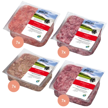 Vier proCani Hundefutterpackungen: Rindfleischabschnitte, Kopf- und Rindfleischmischung sowie reines Rindfleisch, jede mit Nährwertangaben.