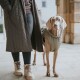 Eine Frau in einem langen grauen Mantel steht neben einem grauen Weimaraner-Hund, der ein grünes Geschirr trägt, beide auf einem Steinboden.