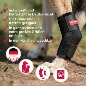 Schwarze verstellbare Haustier-Beinbandage mit Klettverschlüssen und rotem Etikett, beschriftet mit "Höhe der Bandage" auf Deutsch.