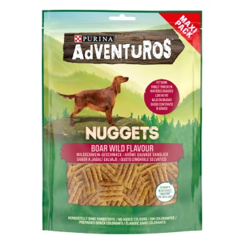 Purina AdVENTUROS Nuggets Hundeleckerlis in einer grünen Tüte, mit "Wildschwein Geschmack" prominent. Fettarm, ohne zugesetzte Farben.