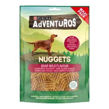 Purina AdVENTUROS Nuggets Hundeleckerlis in einer grünen Tüte, mit "Wildschwein Geschmack" prominent. Fettarm, ohne zugesetzte Farben.