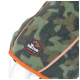 A close-up of a camouflage-patterned dog jacket featuring an orange trim and a black label that reads "Dog's Creek OUTDOOR GEAR."