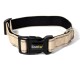 Beige Haustierhalsband mit schwarzem Schnallenverschluss und verstellbarem Riemen, mit dem Markennamen "lionto" auf der Schnalle.