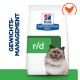 Tüte mit Hill's Prescription Diet r/d Katzenfutter, die eine flauschige Katze mit blauen Augen zeigt, beschriftet mit 'GEWICHTSMANAGEMENT' und einem Hühnersymbol.