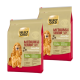 Zwei Säcke Select Gold Medium Senior Hundefutter für Hunde ab 8 Jahren, 11-25 kg, mit Ente und Kartoffel, mit einem goldenen Cocker Spaniel.