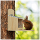 A red squirrel sits on a wooden feeder attached to a tree, peering into a compartment filled with seeds.