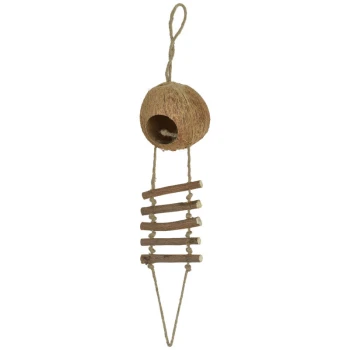 coconut house with ladder 56 cm Hanging bird toy made of natural coconut shell and wooden sticks, designed for pet birds to play and explore.