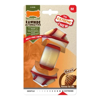 Hundekauspielzeug mit der Aufschrift "Rawhide Alternative" und "Extreme Chew" sowie "Rindfleischgeschmack für das Leben" auf der Verpackung, geeignet für Hunde von 0-16 kg.
