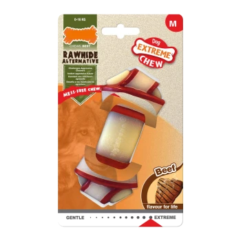 Dog chew toy labeled "Rawhide Alternative" with "Extreme Chew" and "Beef flavour for life" on packaging, suitable for dogs 0-16 kg.