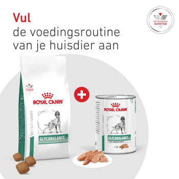 Royal Canin Glycobalance droogvoerzak en nat blik met brokjes en bord; Nederlandse tekst 'Vul de voedingsroutine van je huisdier aan'