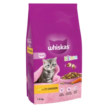 Whiskas Kitten food bag, 1.9 kg, featuring a playful kitten on a pink background, labeled "With delicious CHICKEN" and "100% Complete & Balanced."