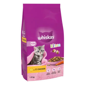 Whiskas Kitten food bag, 1.9 kg, featuring a playful kitten on a pink background, labeled "With delicious CHICKEN" and "100% Complete & Balanced."