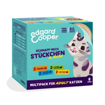 Edgard Cooper Multipack für erwachsene Katzen mit 8 x 85g Beuteln mit Fleischstücken in Sauce, mit Geschmacksrichtungen: Huhn, Lamm, Lachs und Truthahn.