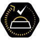 Symbol, das eine Haustierfutterschüssel mit einem Häkchen und einem kreisförmigen Timer-Design darstellt, das rechtzeitiges Füttern symbolisiert.
