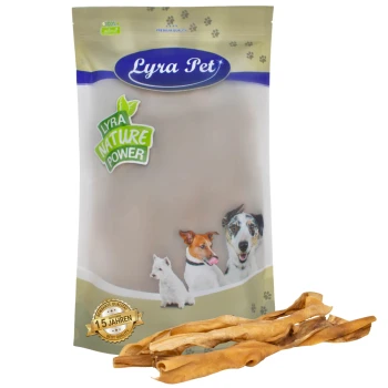 Lyra Pet Hundeleckerlipackung mit einer Vielzahl von Hunden auf der Vorderseite, mit dem Etikett "Lyra Nature Power" und dem Siegel "10 Jahren Best Quality."