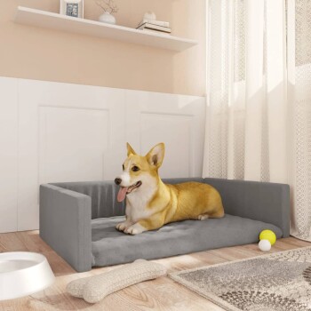 Ein entspannter Corgi, der auf einem grauen Haustierbett in einem gemütlichen Raum liegt, mit einer weißen Futterschüssel, einem Kauspielzeug und bunten Bällen in der Nähe.