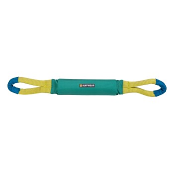 Ein türkis- und gelbes Hundespielzeug mit zwei Schlaufen, mit einem "RUFFWEAR"-Logo in der Mitte.