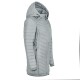 Hellgraue Daunenjacke mit Kapuze, mit einem Reißverschluss vorne und seitlichen Taschen, seitlich präsentiert.