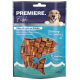 Emballage de friandises pour chiens présentant des cubes de saumon et de morue, étiqueté "PREMIERE Fish," avec une image de golden retriever et un texte indiquant qu'il s'agit d'une récompense moyenne.