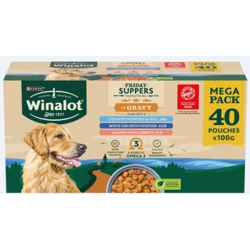 Winalot dog food mega pack featuring 40 pouches of Friday Suppers in gravy, including cod, white fish, and salmon recipes.