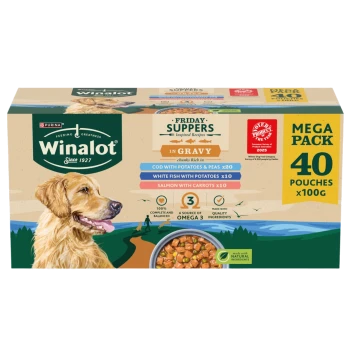 Winalot dog food mega pack featuring 40 pouches of Friday Suppers in gravy, including cod, white fish, and salmon recipes.
