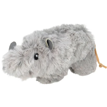 Spielzeug Nashorn Graues Plüsch-Nashornspielzeug mit weichem Fell, schwarzen Augen und strukturierten Ohren, ideal für das Spielen mit Haustieren.