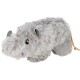 Graues Plüsch-Nashornspielzeug mit weichem Fell, schwarzen Augen und strukturierten Ohren, ideal für das Spielen mit Haustieren.