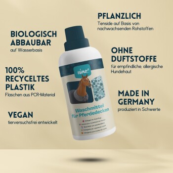 Nimo! Waschmittelflasche für Pferdedecken, mit einem Pferdebild und der Hervorhebung von biologisch abbaubaren, veganen, duftfreien und recycelten Materialien.