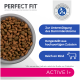 Bol de nourriture sèche pour animaux "Perfect Fit" avec des croquettes brunes et vertes, promouvant la santé intestinale, des ingrédients de qualité et la richesse en bœuf.