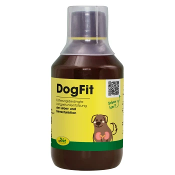 Flasche cdVet DogFit, ein natürliches Gesundheits-Supplement für Hunde, mit einem grünen und gelben Etikett mit "100% NATUR" und einem Nieren-Symbol.
