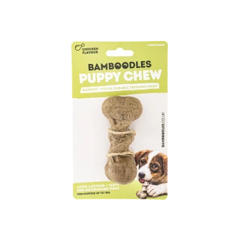 Bamboodles Puppy Chew, chicken flavor, made of bamboo and nylon, designed for teething puppies up to 7kg. Long-lasting and tasty.