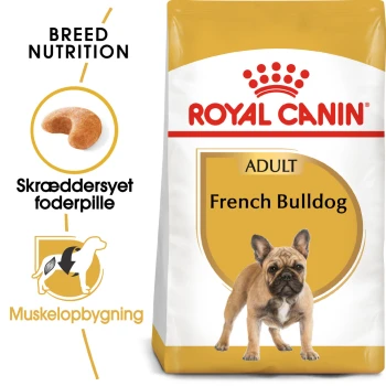 Royal Canin Adult French Bulldog Hundefutterbeutel, der ernährungsspezifische Nährstoffe für die Rasse, eine Futterillustration und Text auf Dänisch zeigt.