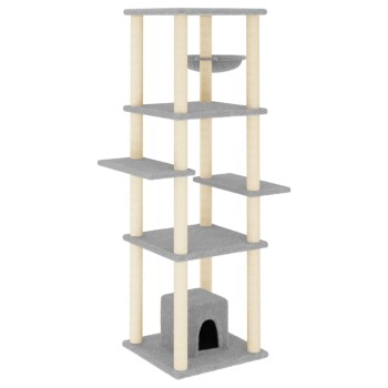 Grau mehrstöckiger Kratzbaum für Katzen mit Kratzpfosten, Plattformen und einem gemütlichen Versteck an der Basis.
